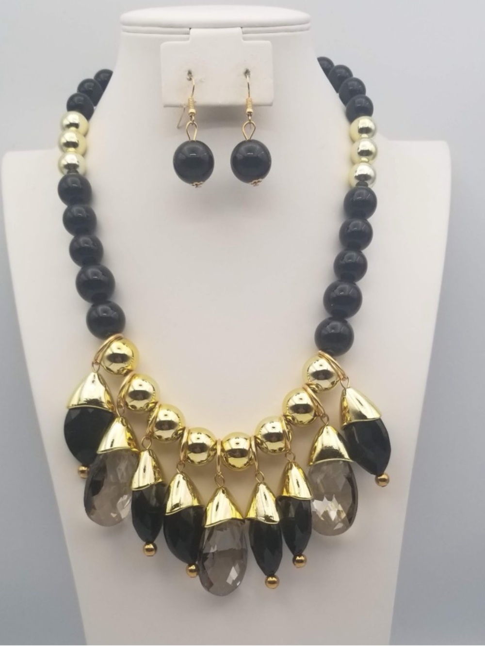 Gold and Black Beaded Statement Necklace with Matching Earrings